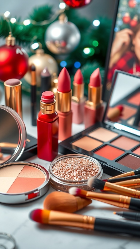 A festive makeup arrangement with red and gold products, surrounded by holiday decorations.